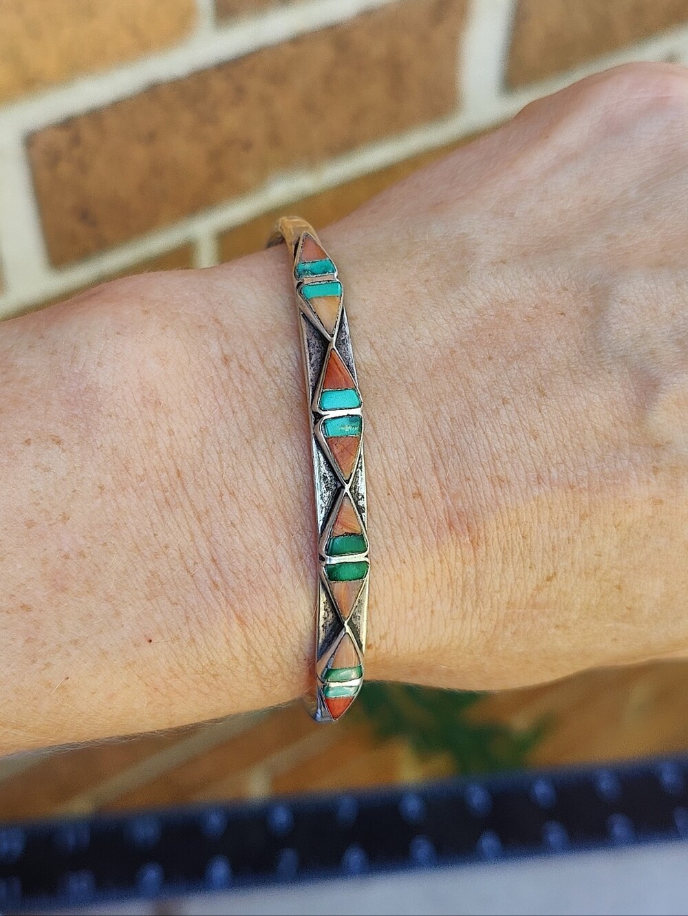 Zuni Tribe Sterling Silver Coral And Turquoise Petit Cuff Bracelet - Picture 7 of 7